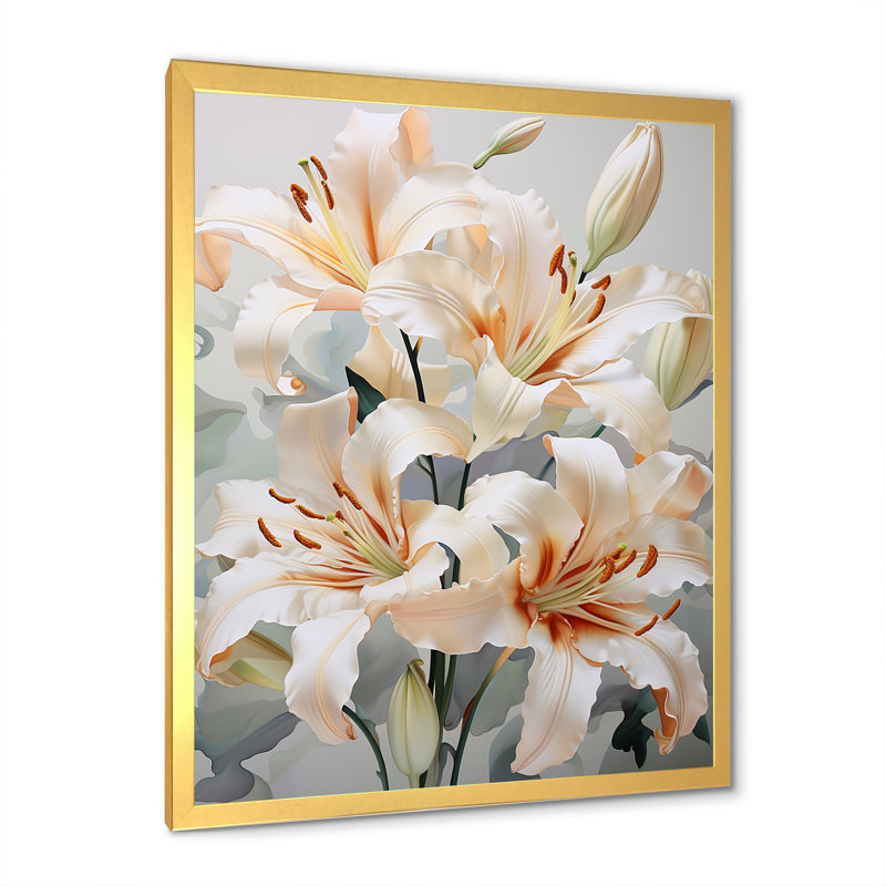 «Beige Lilies Simple Tranquility IV» sur toile, Cadre doré simple, H 44 po x l 34 po x P 1,5 po