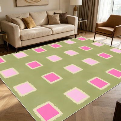 1PC Pastel Pink Bright Pink Cream Bordered Geometric Square Grid Pattern area rugs for Living Room, Soft and Comfortable, Suitable for all seasons, easy-to-maintain, machine washable Indoor floor mat, Under Table Farmhouse suitable for dining room,