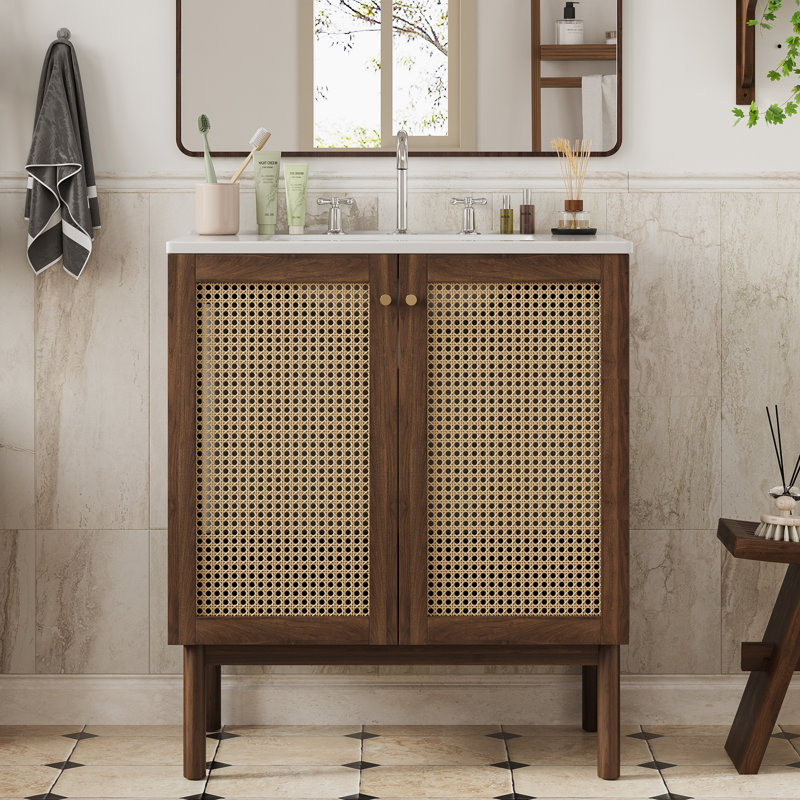 Meuble-lavabo 30 po avec lavabo en céramique Canella, portes en rotin tissé à la main, pieds et structure en bambou massif