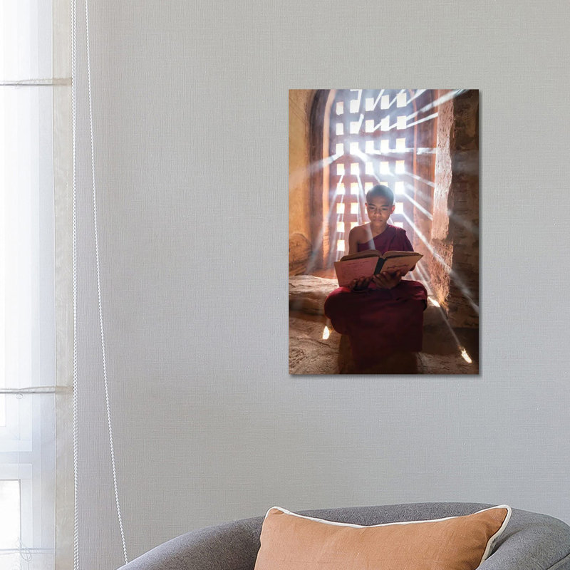 Burmese Novice Monk Reading a Book in a Temple, Bagan, Myanmar 1 Piece Wrapped Canvas Wall Art