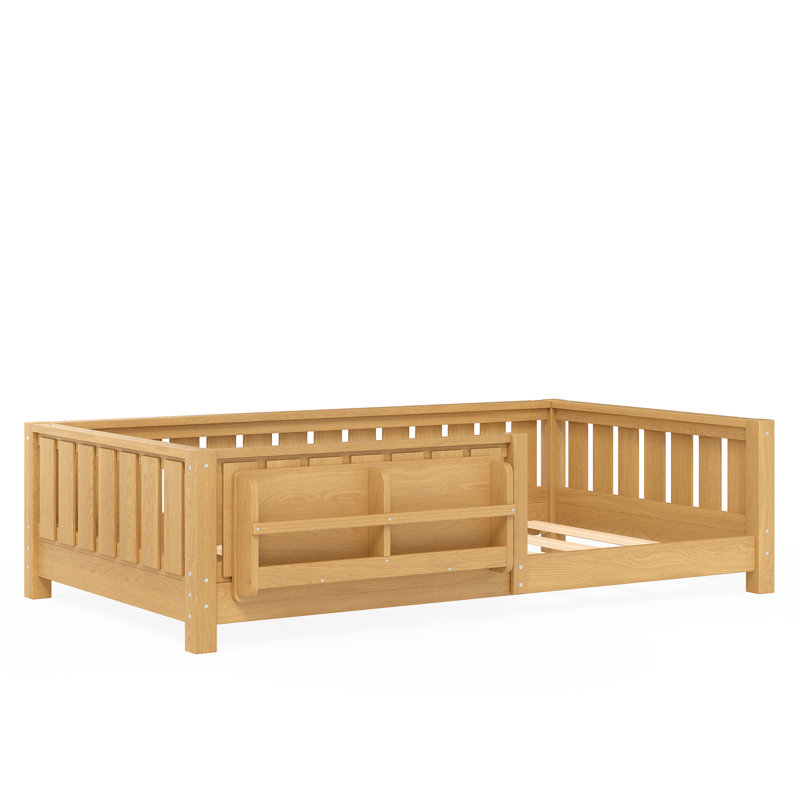 Twin Size Kids Floor Bed With Fence And Built-in Bookshelf,Twin Size Montessori Floor Bed With Slats And Safety Guardrail,Easy Assemble Montessori Beds for Kids, Light Natural