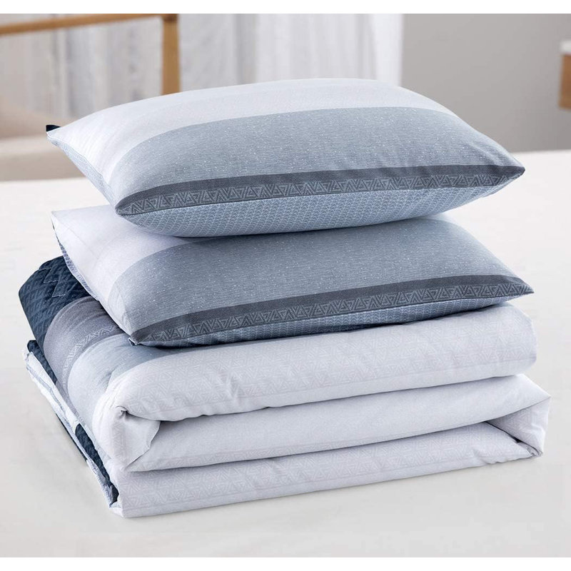 SLEEPBELLA Comforter King Size, 600 Thread Count Cotton White And Navy Striped Patchwork Reversible Pattern Reversible Blue Comforter Set,Down Alternative Bedding Set 3Pcs (King, Blue Patchwork)