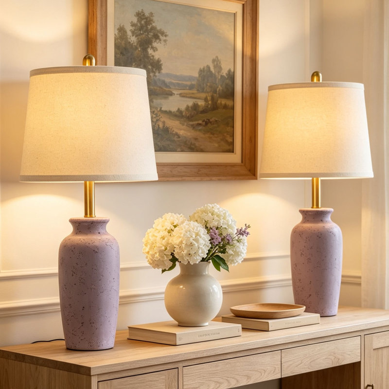 24.5" Modern Ceramic Table Lamp with Oatmeal Fabric Shade, 2-Way Switch, 3000K LED Bulb Included, Purple