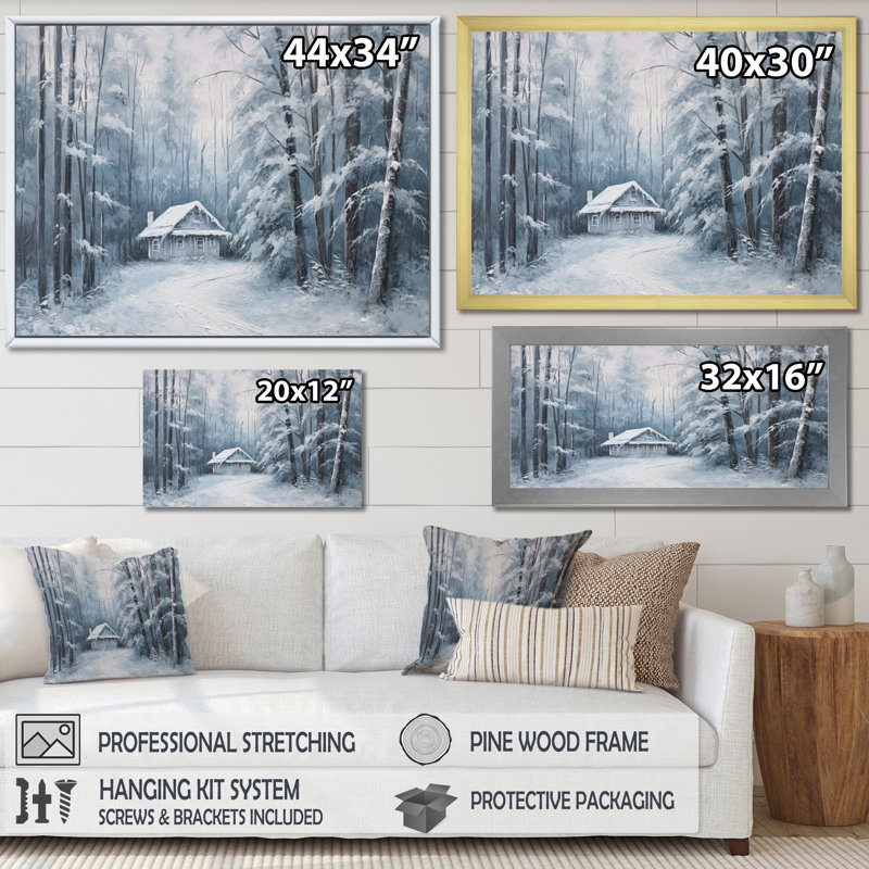 Cozy Snow Cabin I sur impression sur toile, H 24 po x l 32 po x P 1 po, Cadre flottant doré