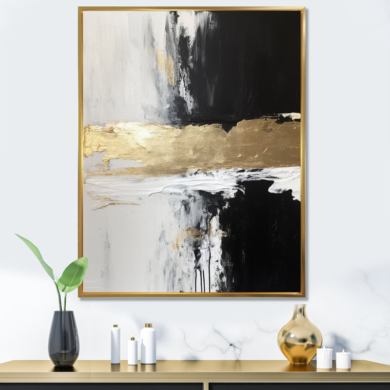 Dimensions horizontales abstraites or noir - reproductions d'art sur toile, 44" H x 34" W, Cadre flottant doré