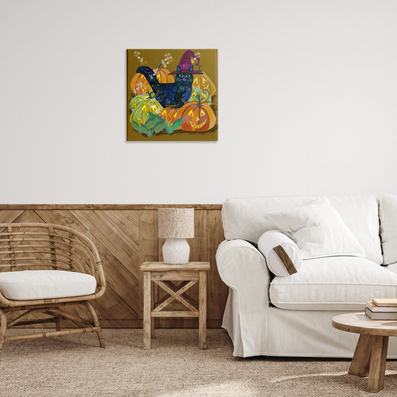 Chat avec toile Jack-o-Lanterns, design par Kay Widdowson, H 24 po x l 24 po