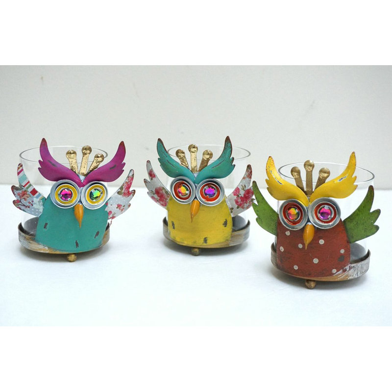 Ensemble de porte-bougie en verre/métal 3 pièces hibou