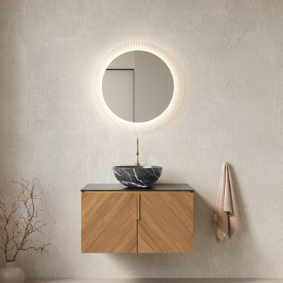 Meuble-lavabo de salle de bain 30 po ARAI, armoire de rangement flottante en contreplaqué pour salle de bain avec portes doubles, comptoir en pierre frittée noire et cuve en céramique noire avec motif de pierre, couleur grain de bois espresso