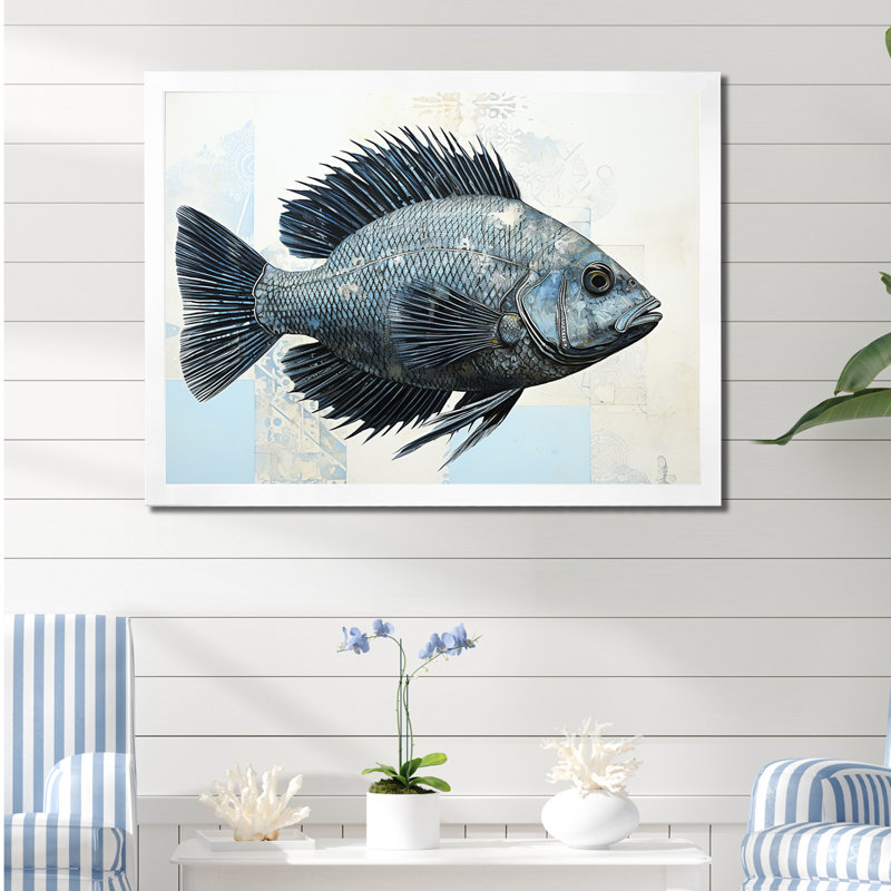Poisson dans le bleu profond sur toile, Cadre simple blanc, H 12 po x l 20 po x P 0,5 po