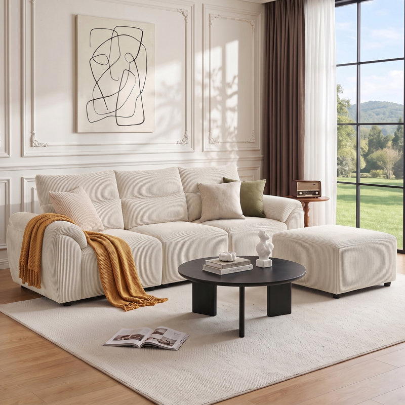 Canapé modulaire en L avec repose-pieds Boucle, Velours côtelé blanc, H 35 po x l 30 po x P 30 po