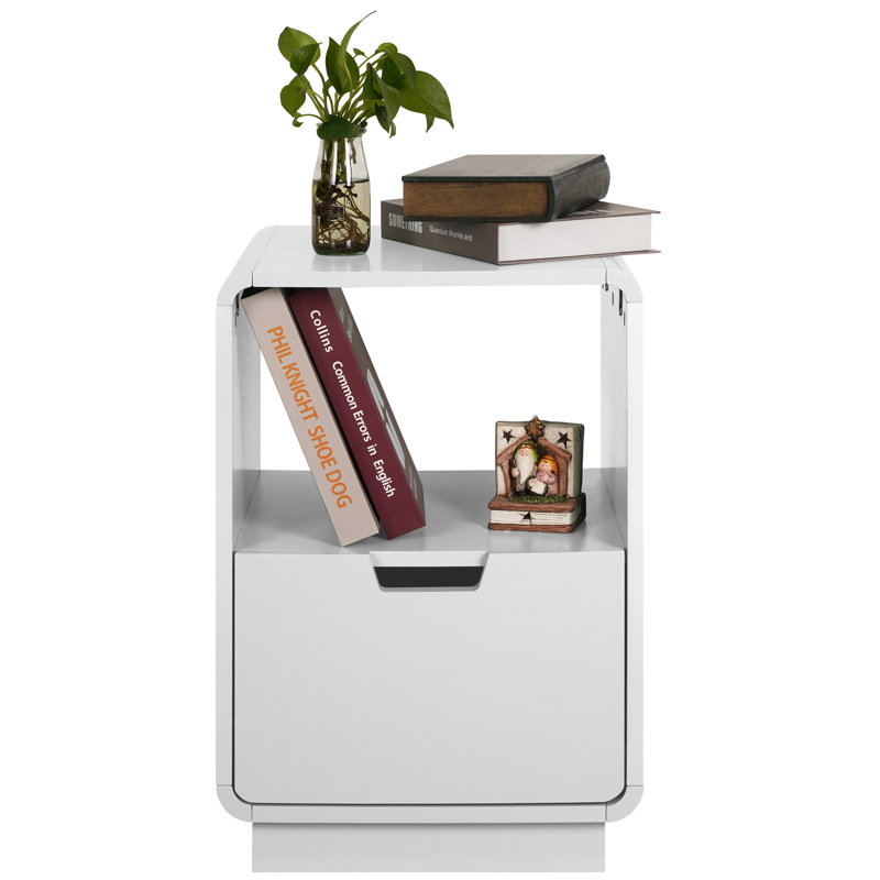 22.8" Tall Contemporary Side Table End Table with Storage Drawer, White, White