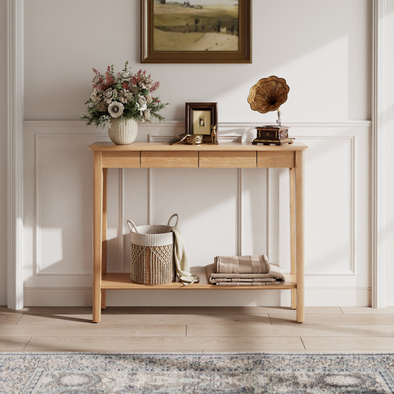 Solid Wood Console Table with Drawers, Mid Century Modern Entryway Table for Living Room and Hallway, Tan