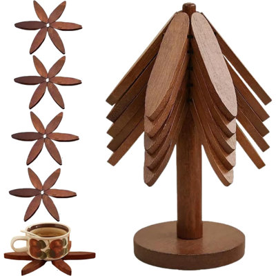Ensemble de napperons en bois pour les plats chauds, ensemble de napperons en bois pliables en forme d'arbre, ensemble de 5 sous-verres à vaisselle (5 sous-plat + 1 support) pour fondue / bol / théière, décor de cuisine (couleur noyer)