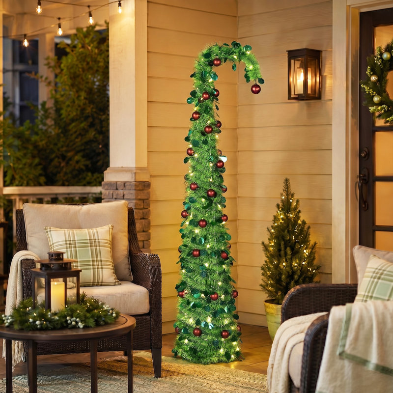 Sapin télescopique pliable vert de 1,80 m à cime courbée, préilluminé avec 100 DEL blanc chaud, 8 modes d'éclairage, fonctionne sur piles, pré-décoré avec des boules rouges, décoration de Noël en PVC