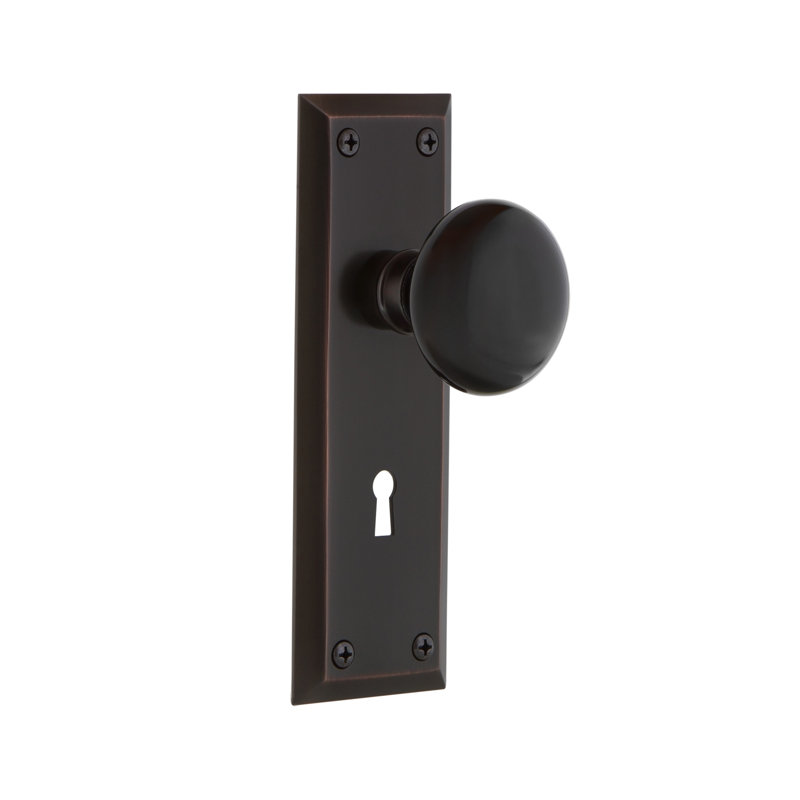 New York Plate with Decorative Keyhole and Black Porcelain Door Knob, Timeless Bronze