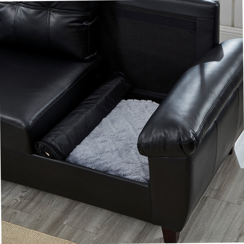 Causeuse moderne en similicuir de 59 po avec rangement et accoudoirs larges, Black Faux Leather