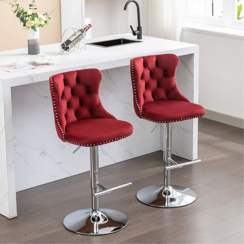 Swivel Velvet Barstools Adjusatble Seat Height From 25-33 Inch, Chrome Base Bar Stools With Backs Comfortable Tufted For Home Pub And Kitchen Island, Wine Red,Burgundy,Set Of 2,1712WR