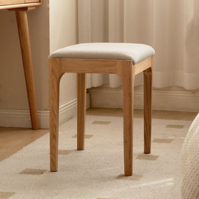 Lumi Modern Solid Oak Vanity Stool with Linen Upholstered Seat