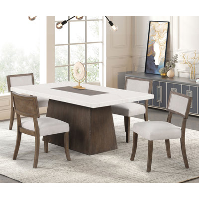 Ensemble de salle à manger rectangulaire avec plateau en faux marbre et noyer foncé