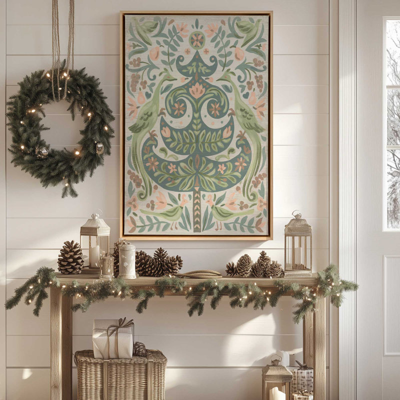 Arbre de Noël Folklorique I, impression sur toile dans un cadre poli, Cadre flottant noir satiné