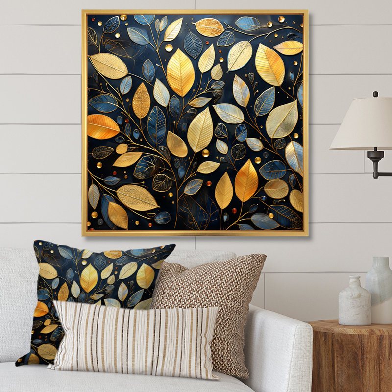 «Black and Gold Leaf Charm In Winter», reproduction sur toile, Cadre flottant doré, H 24 po x l 24 po x P 1 po