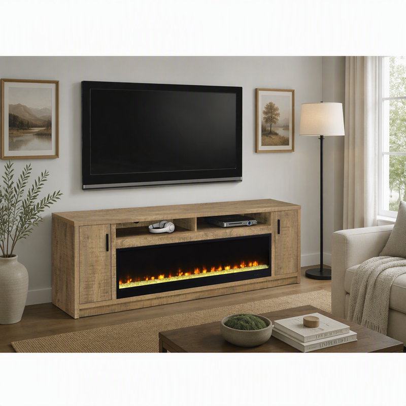Meuble télé foyer en bois de manguier rustique avec visualiseur de flamme personnalisable et grand espace de rangement multimédia