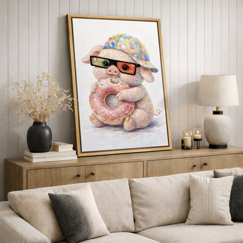«Cute Pig With Donut», image de chambre d'enfant, impression sur toile encadrée, H 36 po x l 24 po x P 1,5 po, Cadre naturel