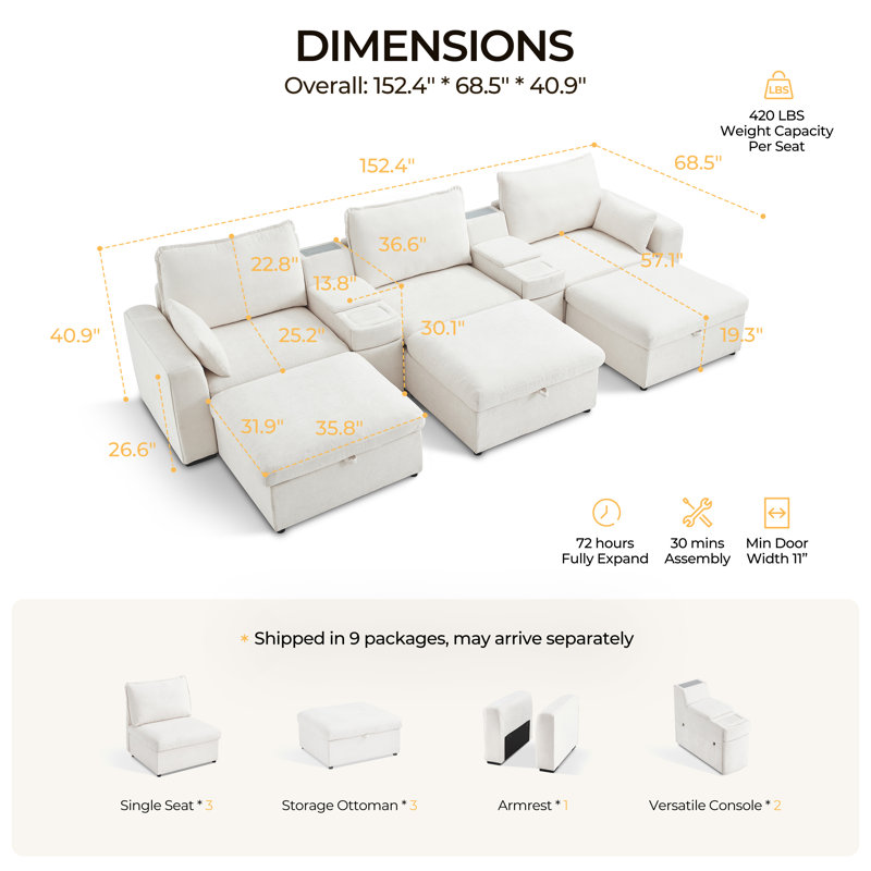 Chenille Oversized Modular Home Theater Sofa Bed Cloud Couch Sectional, Plush Sleeper Sofa With Versatile Console, Convertible Side Table Charging Storage Cup Holder