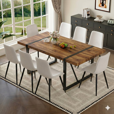 Ensemble de table de salle à manger de 71 po pour 8 personnes, table de salle à manger moderne en bois et chaises en tissu de 8 pièces, table et chaises de 8 pièces, idéale pour la salle à manger de cuisine.