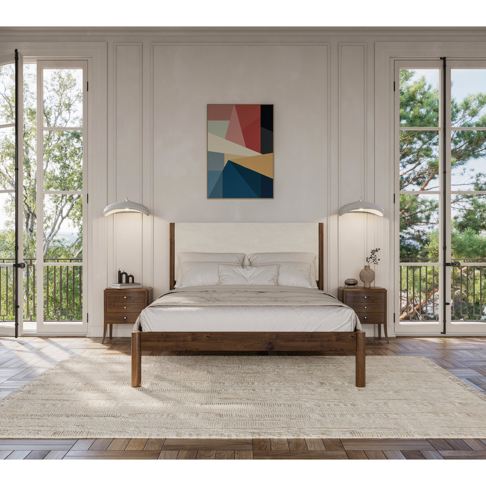 Ardin Solid Wood Bed Frame With Cream Boucle Upholstered Headboard, Queen, Walnut