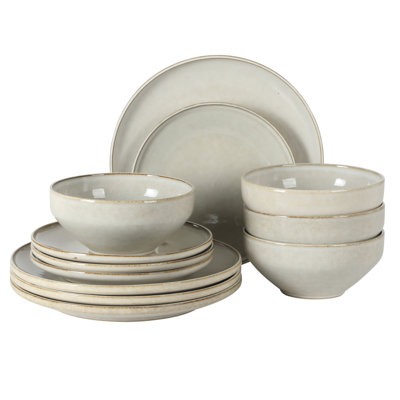 Ensembles d'assiettes et de bols Gibson Elite White Sands, ensembles de vaisselle en grès 12 pièces, ensemble de vaisselle en glacis réactif - blanc pierre de lune