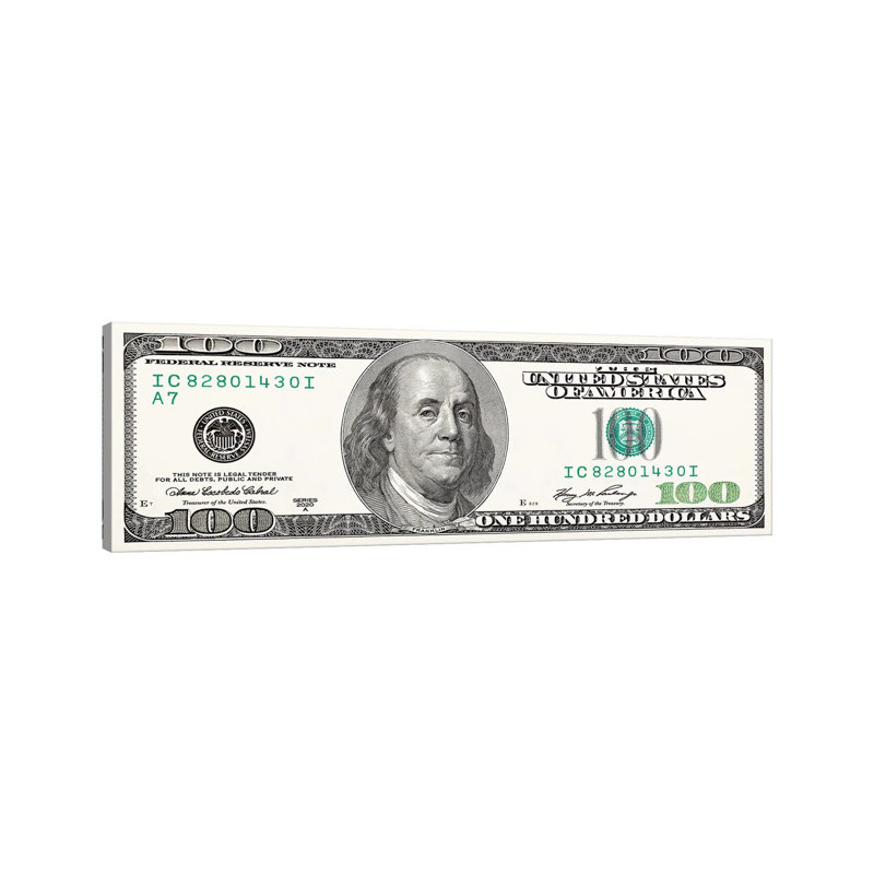 One Hundred Dollar Bill - Panoramic Print on Canvas, Wrapped Canvas, 30.48cm H x 91.44cm W x 3.81cm D