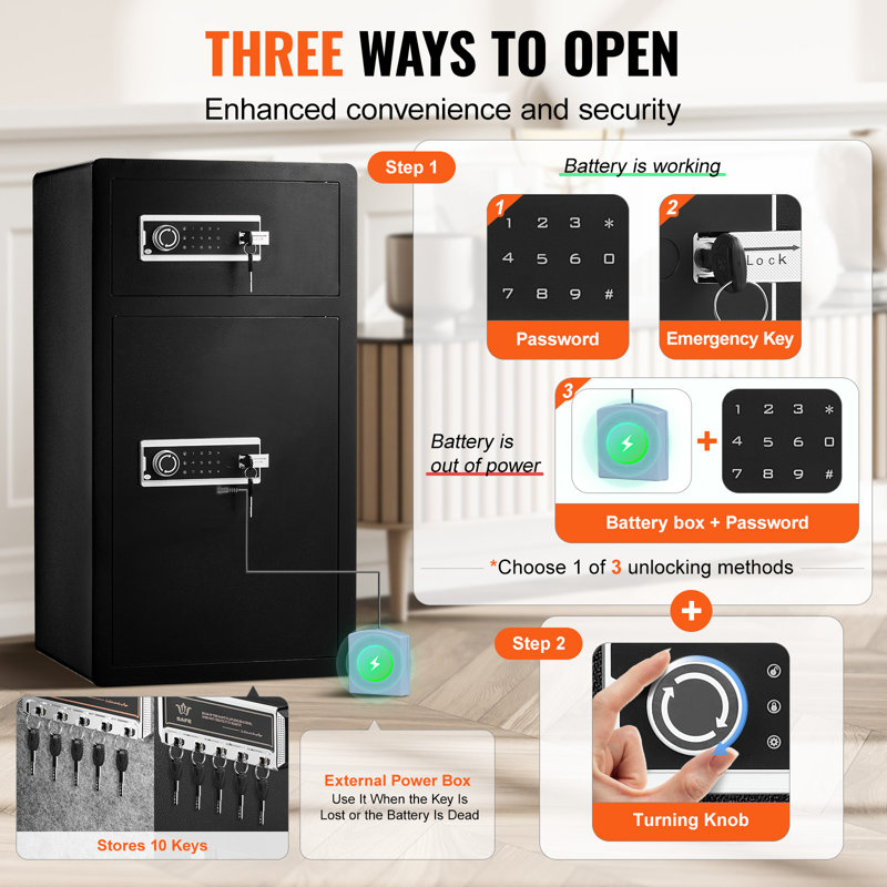 Double Doors 7.2 cu.ft Safe Box with Key Lock & Password, LED Light and 2 Height Adjustable and Removable Divider for Money, Safe Lock Box with Fireproof Bag, Key Rack, Documents, Black