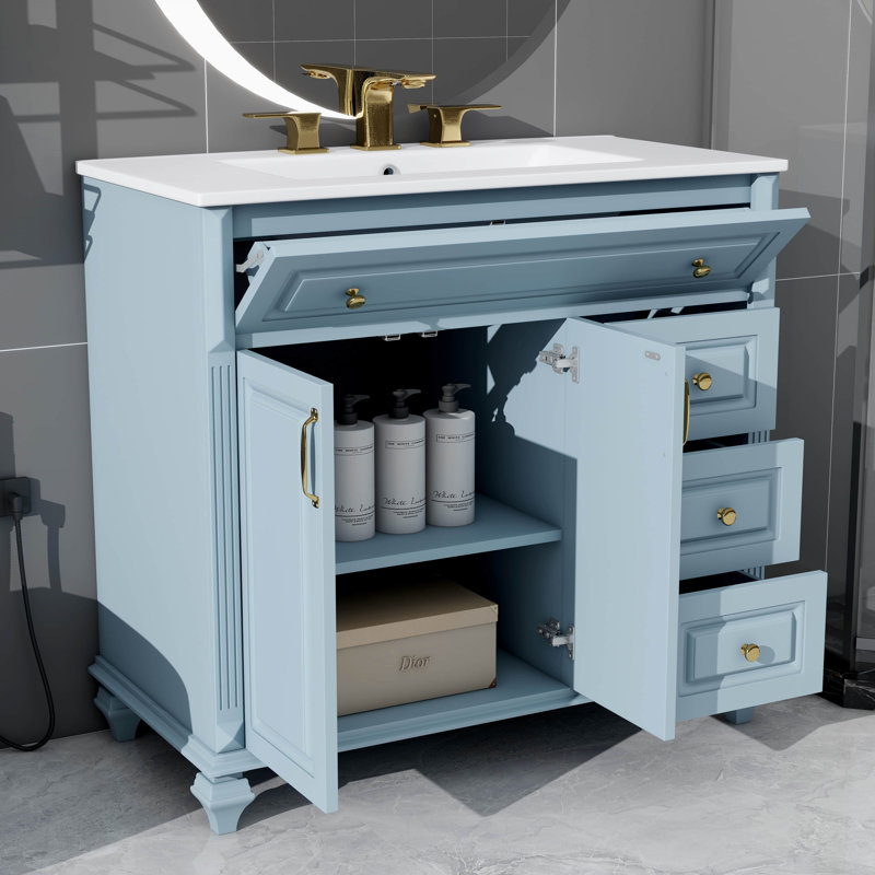 Meuble-lavabo 36 po avec tiroir 3 tiroirs et 2 portes, rangement en panneau de fibres à densité moyenne moderne, Bleu / Doré