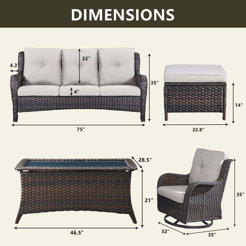 Ensemble de conversation avec canapé en rotin et coussins 6 pièces Karolis, Beige, Brun