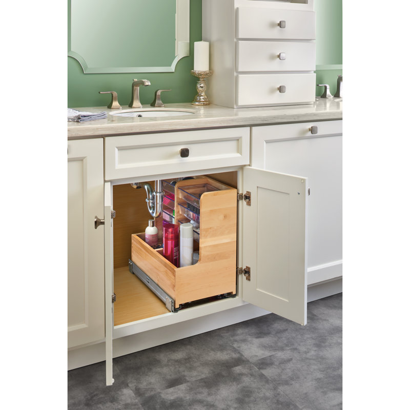 Maple Wood L-Shaped Vanity Cabinet Organizer with Soft-Close Slides
