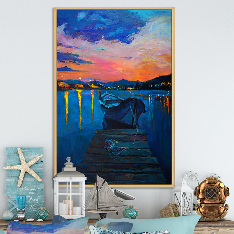 Bateau sur le quai pendant la nuit, H 36 po x l 24 po x P 1 po, Cadre naturel flottant