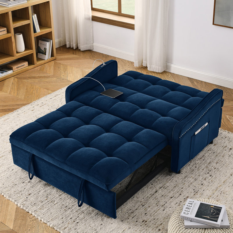 Canapé-lit de style Mid-Century avec lit escamotable et charge USB, parfait pour la vie moderne et les chambres d'amis, Bleu