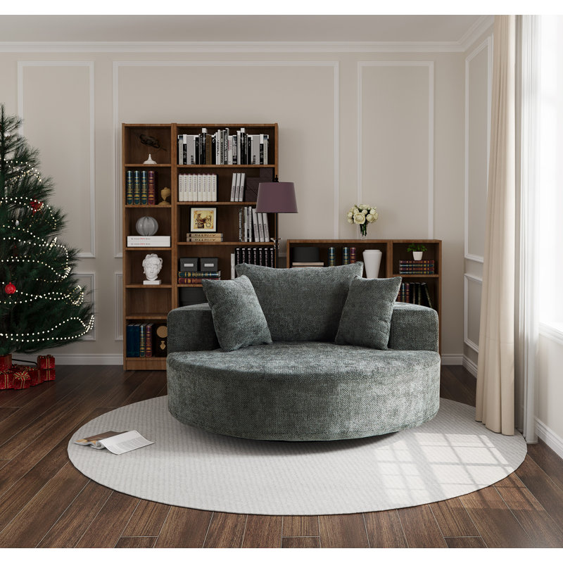 Chenille Round Accent Chair With 360 Degree Swivel Metal Base, Green Chenille