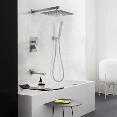 Male NPT Folding Bathtub Shower Faucet, Rain Shower Head System With Bath Tub Faucet Set And Handheld For Bathroom, Brushed Nickel 3 Function Tub Shower Rough-In Valve And Diverter