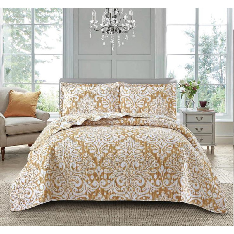 Printed Bedspread Set Damask Pattern with Matching Pillow Shams, Soft Microfiber Coverlet, Lightweight & All-Season Bedding