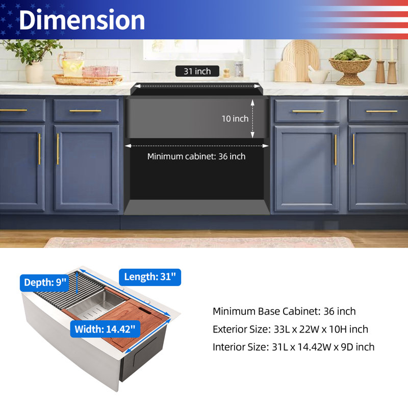 33'' L Single Bowl Stainless Steel Kitchen Sink