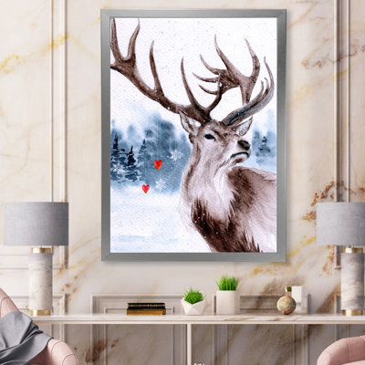 Paysage enneigé avec un renne et une forêt d'hiver - reproduction d'art sur toile traditionnelle