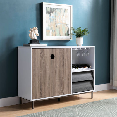 Display Rack With Cabinet And Drawer, Holds 6 Wine Glasses Extra Storage, White & Dark Taupe Distressed Grey Drawer Wooden Rack, Look