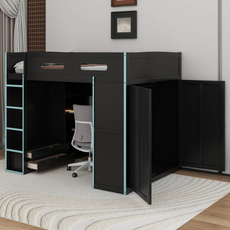 Lit mezzanine double en bois avec bureau, garde-robe et lumière DEL RVB, Bleu nuage
