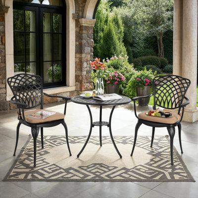3-Piece Patio Bistro Set, Cast Aluminum Table with Umbrella Hole & 2 Chairs, All-Weather Outdoor Furniture by Corrigan Studio