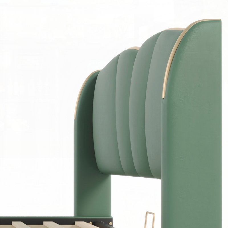 Structure de lit rembourrée en cuir avec pied de lit ondulé et tête de lit à oreilles, design moderne pour le confort et le style, sans sommier à ressorts