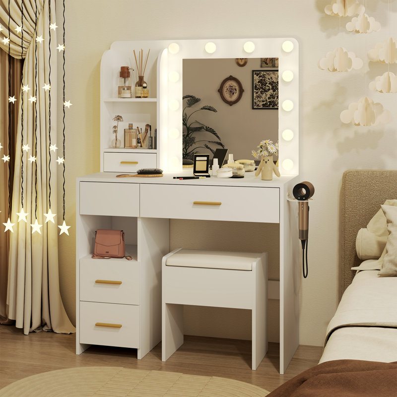 Coiffeuse 35 "avec miroir DEL et 5 tiroirs, Blanc