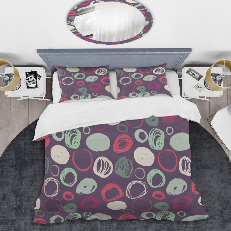 Pink and Green Circle Pattern - Abstract Duvet Cover Set - Microfiber Polyester, Full/Queen Duvet Cover + 2 Standard Shams