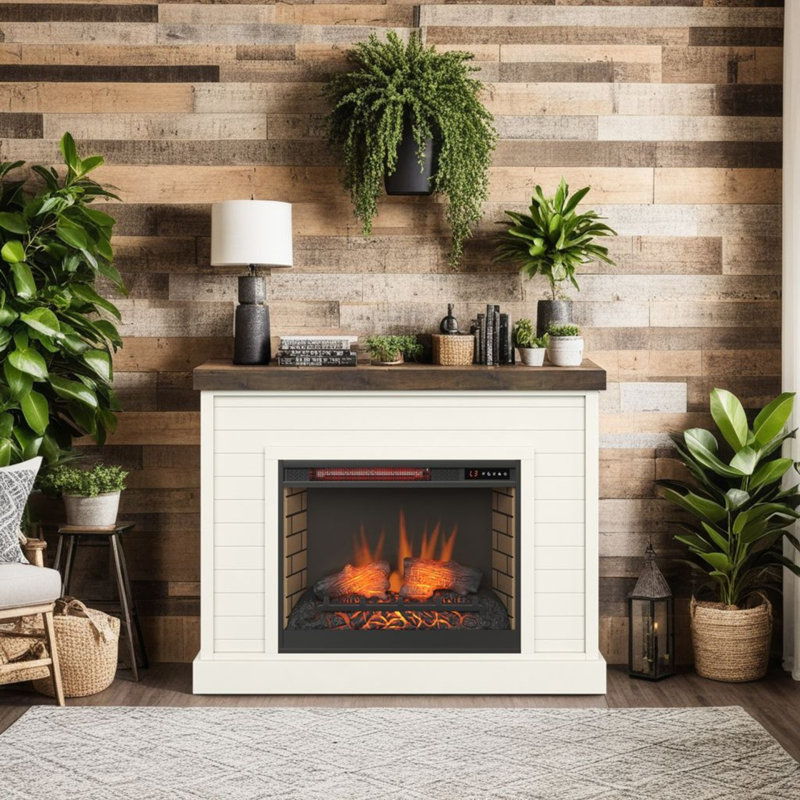 Foyer de 48 pouces avec manteau de cheminée, finition blanchie Jasmine et bois de grange
